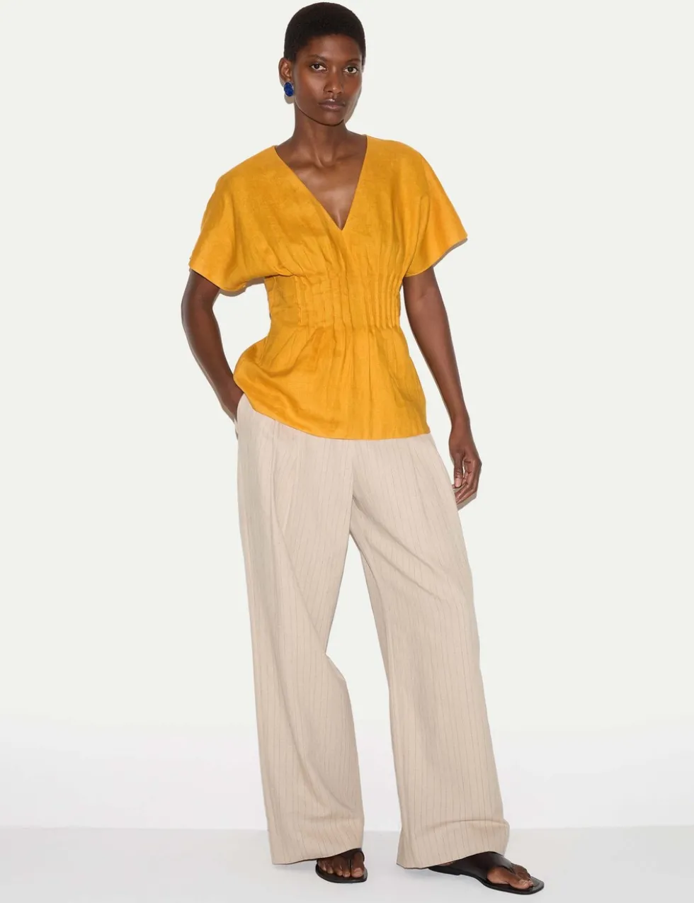 Pure Linen V-Neck Pintuck Waist Top