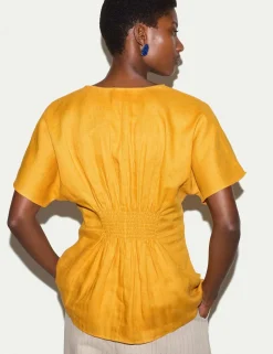 Pure Linen V-Neck Pintuck Waist Top