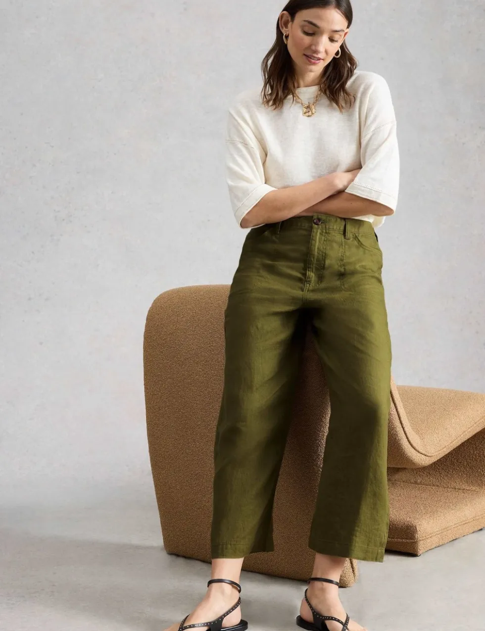 Pure Linen Wide Leg Cropped Trousers