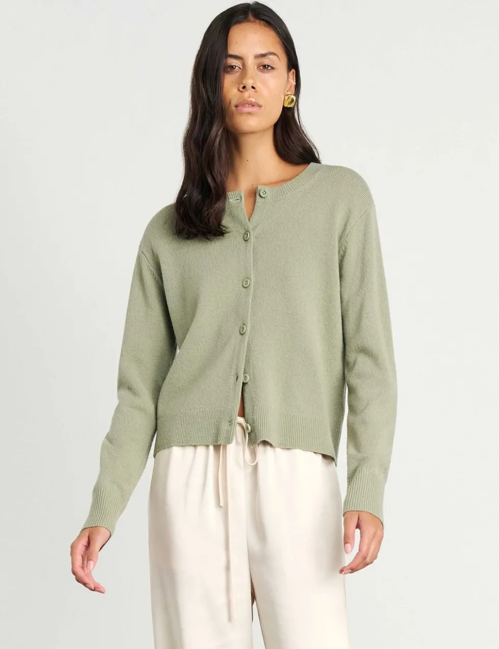 Pure Merino Wool Crew Neck Button Front Cardigan