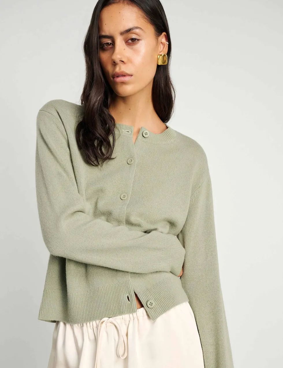 Pure Merino Wool Crew Neck Button Front Cardigan