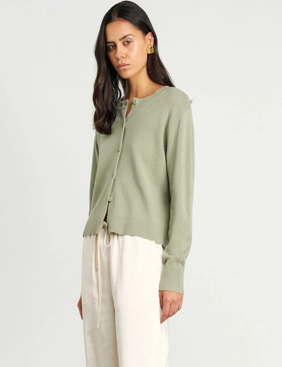 Pure Merino Wool Crew Neck Button Front Cardigan
