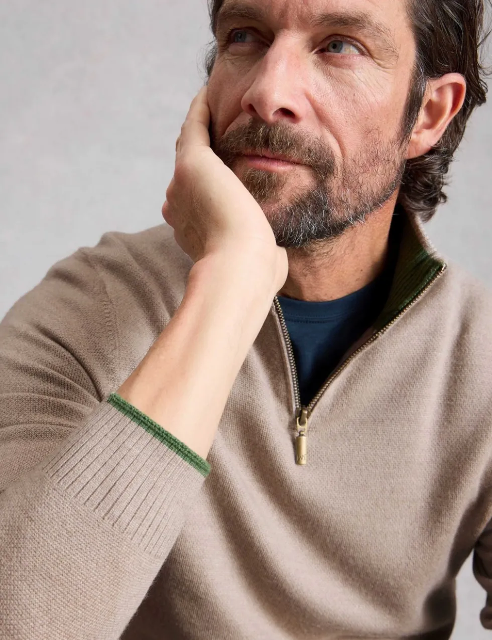 Pure Merino Wool Funnel Neck Half Zip Jumper