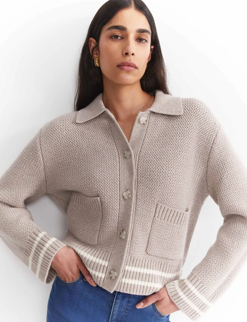 Pure Merino Wool Textured Collared Cardigan