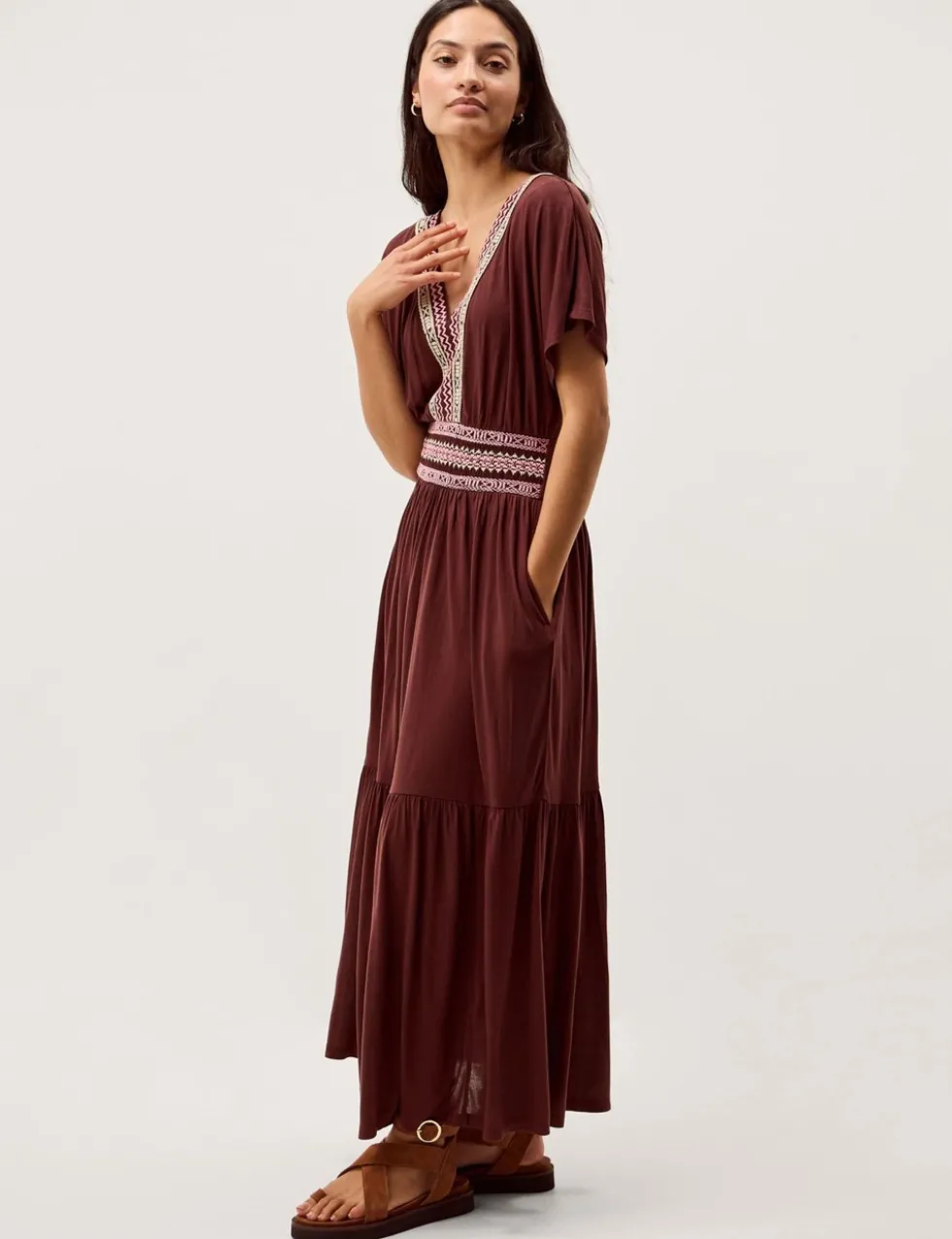 Pure Modal Embroidered Midi Tiered Dress