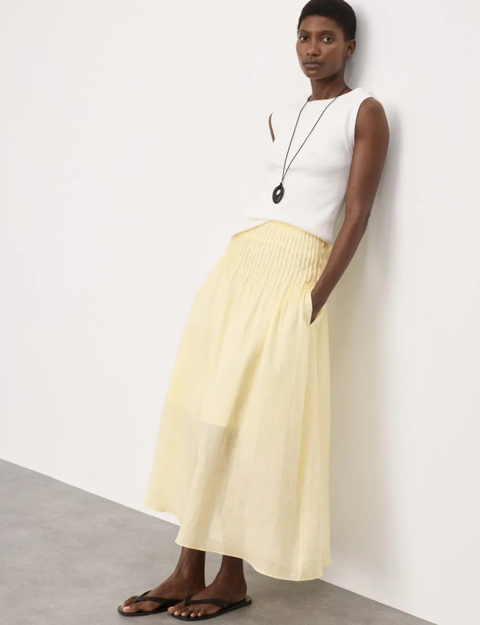 Pure Ramie Pintuck Maxi A-Line Skirt