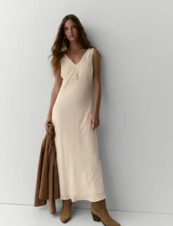 Pure Silk Beaded V-Neck Maxi Slip Dress