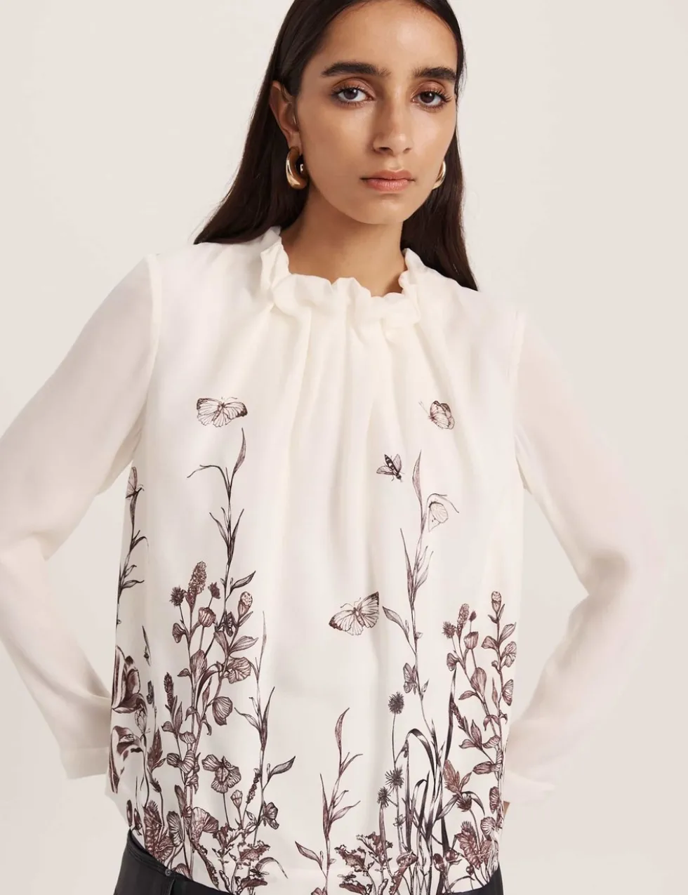Pure Silk Floral High Neck Blouse