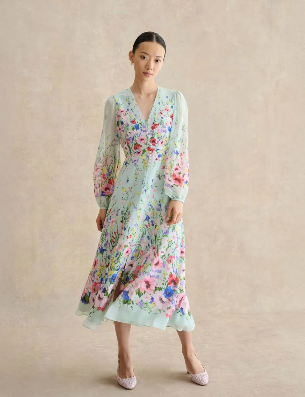 Pure Silk Floral Midi Waisted Dress
