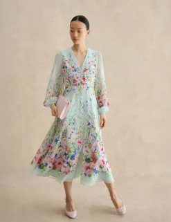 Pure Silk Floral Midi Waisted Dress