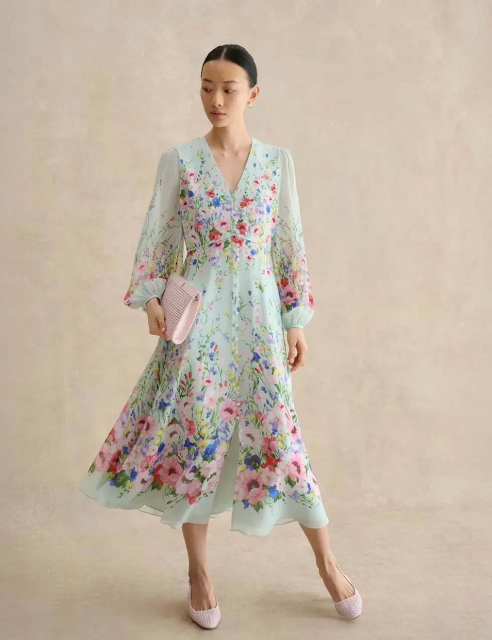 Pure Silk Floral Midi Waisted Dress
