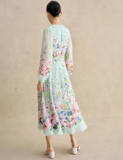 Pure Silk Floral Midi Waisted Dress