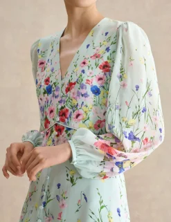 Pure Silk Floral Midi Waisted Dress