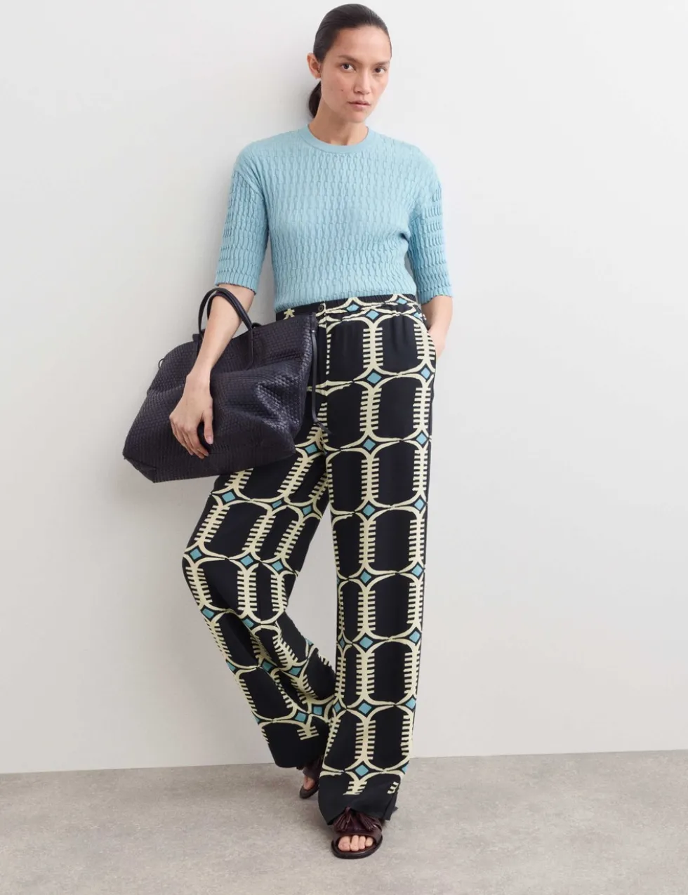 Pure Silk Geometric Print Wide Leg Trousers