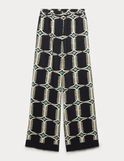 Pure Silk Geometric Print Wide Leg Trousers