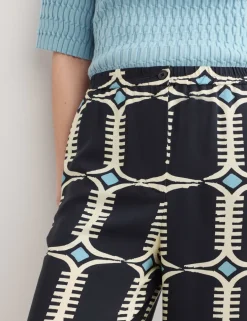 Pure Silk Geometric Print Wide Leg Trousers