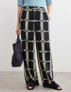 Pure Silk Geometric Print Wide Leg Trousers