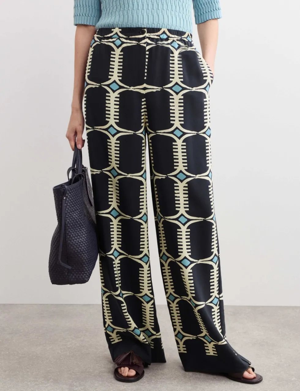 Pure Silk Geometric Print Wide Leg Trousers