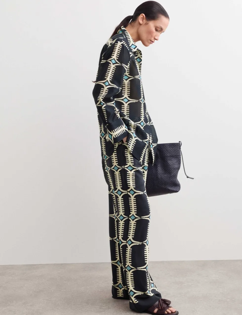 Pure Silk Geometric Print Wide Leg Trousers