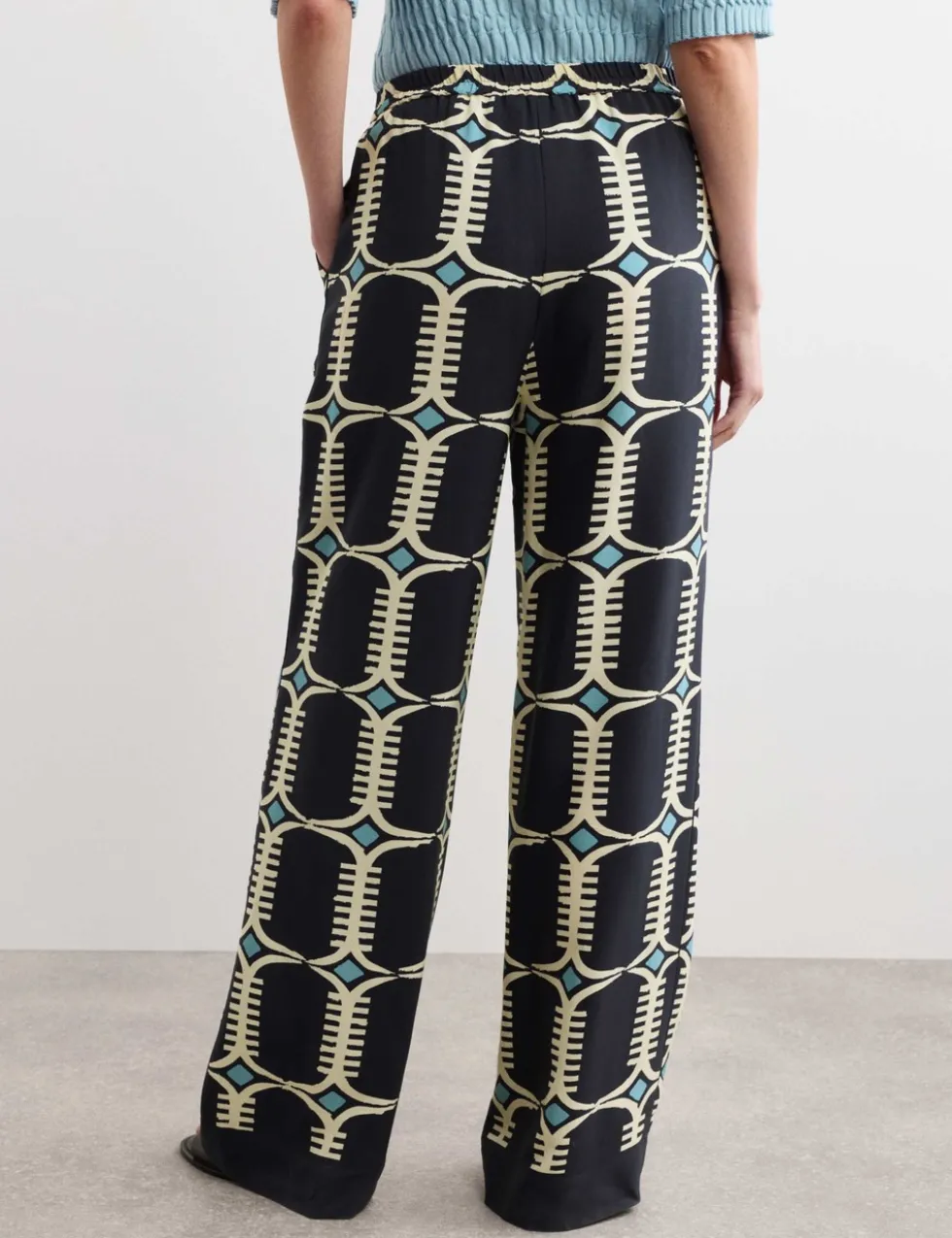 Pure Silk Geometric Print Wide Leg Trousers