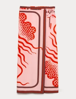 Pure Silk Linear Wave Print Midi Wrap Skirt