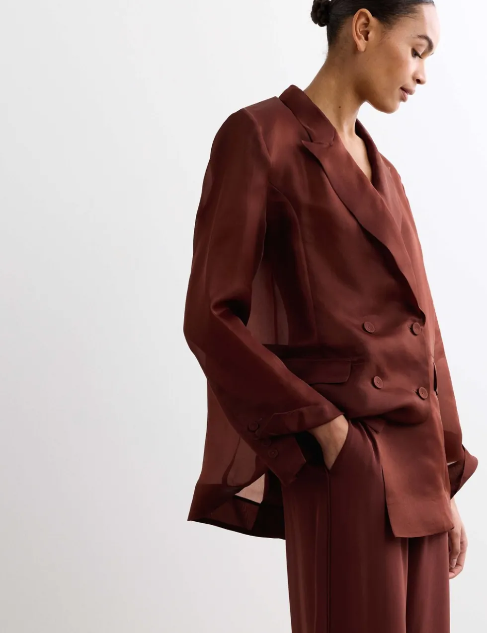 Pure Silk Organza Double Breasted Longline Blazer