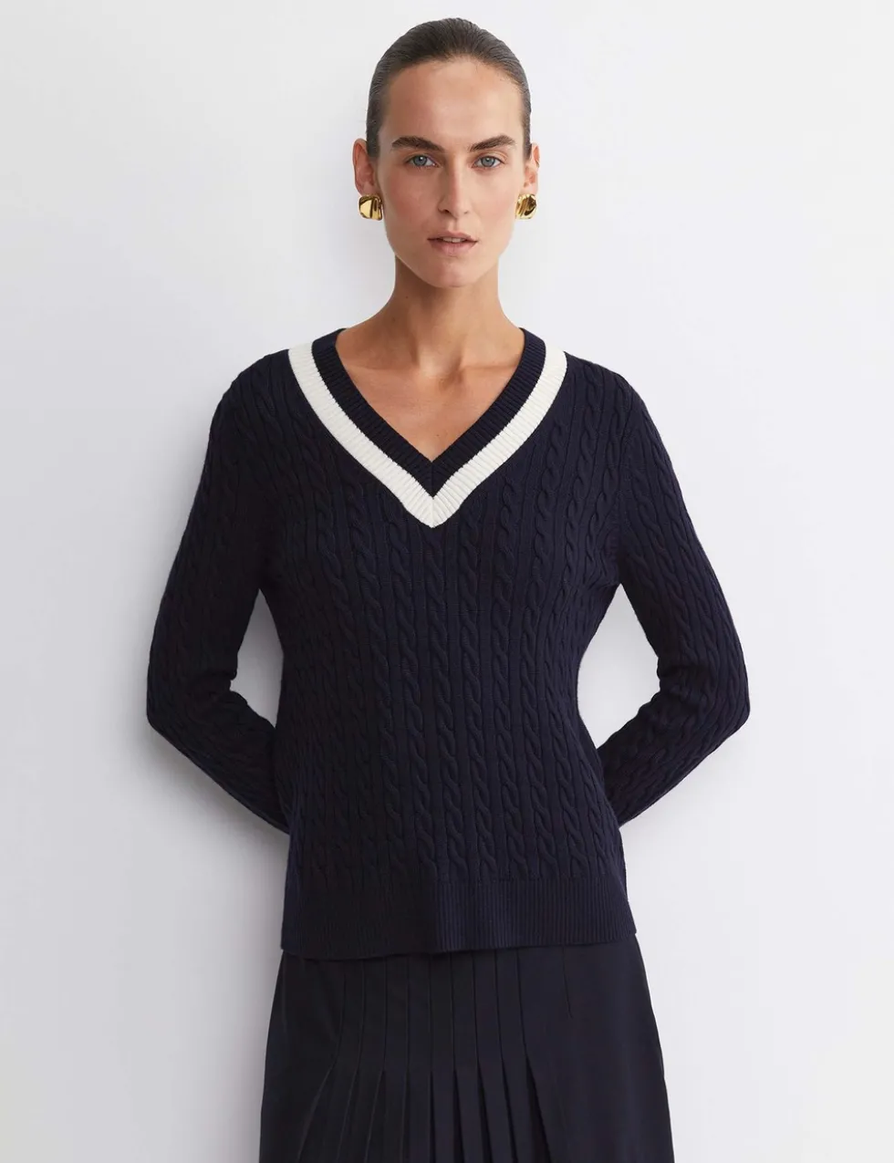Pure Wool Cable Knit V-Neck Jumper