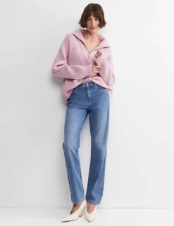 Pure Wool Ribbed Funnel Neck Half Zip Jumper