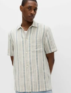 Relaxed Fit Linen Rich Striped Short Sleeve Shirt