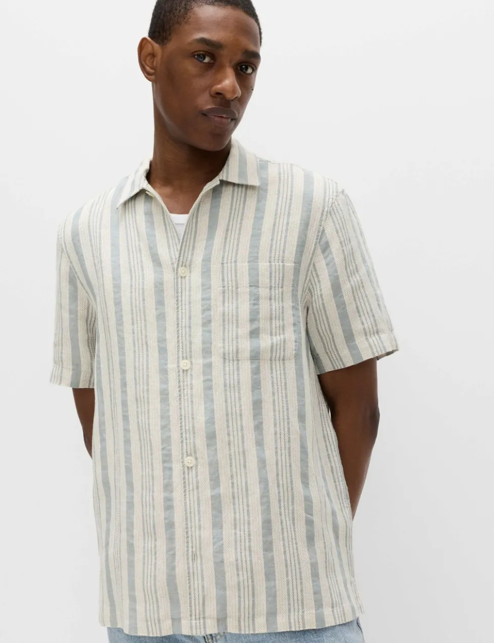 Relaxed Fit Linen Rich Striped Short Sleeve Shirt