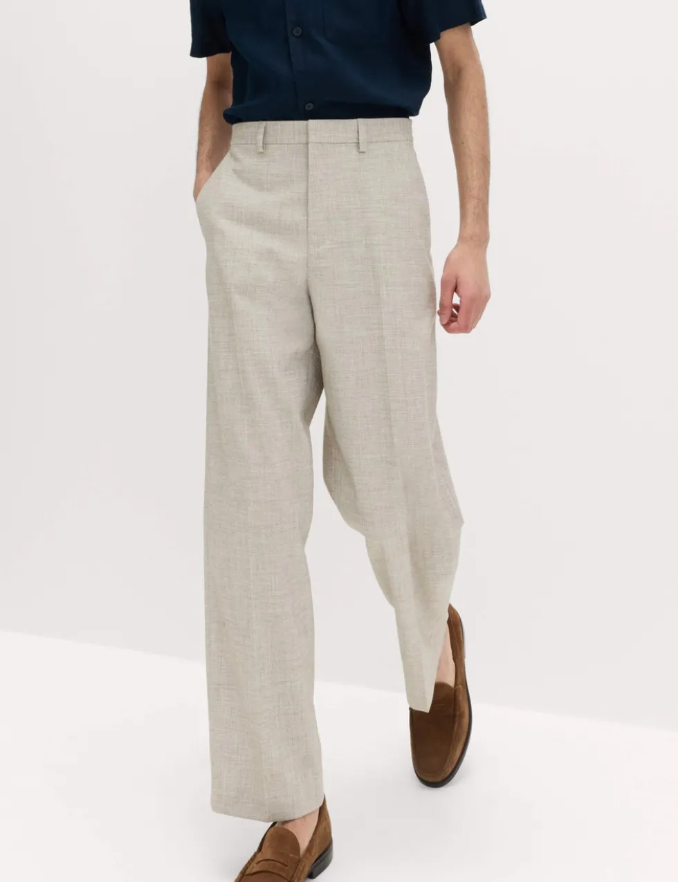 Relaxed Fit Textured Pleat Front Trousers