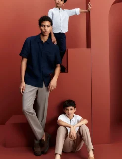 Relaxed Fit Textured Pleat Front Trousers