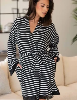 Ribbed Cotton Jersey Stripe Lace Trim Gown
