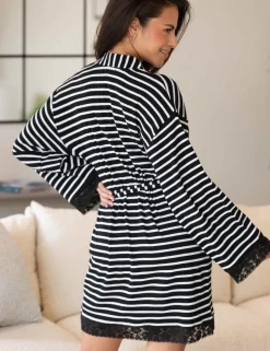 Ribbed Cotton Jersey Stripe Lace Trim Gown