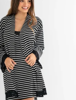 Ribbed Cotton Jersey Stripe Lace Trim Gown