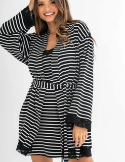 Ribbed Cotton Jersey Stripe Lace Trim Gown