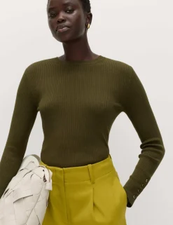 Ribbed Crew Neck Button Detail Jumper