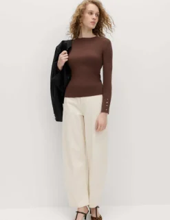 Ribbed Crew Neck Button Detail Jumper