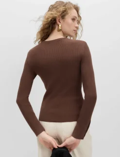 Ribbed Crew Neck Button Detail Jumper