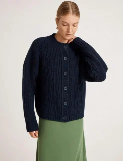 Ribbed Crew Neck Button Front Cardigan