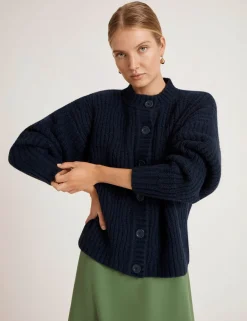 Ribbed Crew Neck Button Front Cardigan