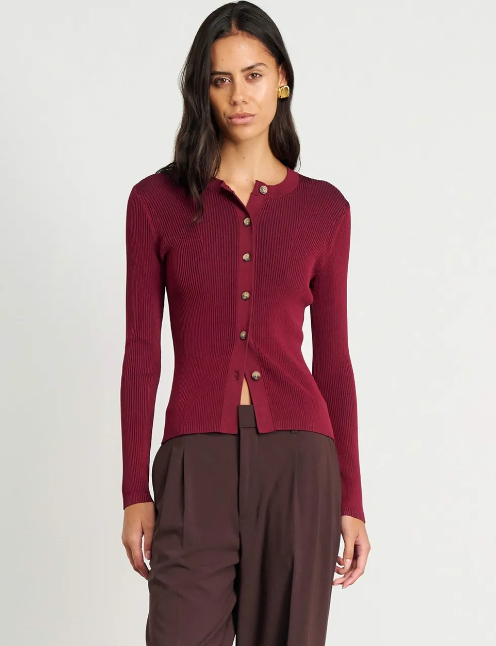 Ribbed Crew Neck Button Front Fitted Cardigan