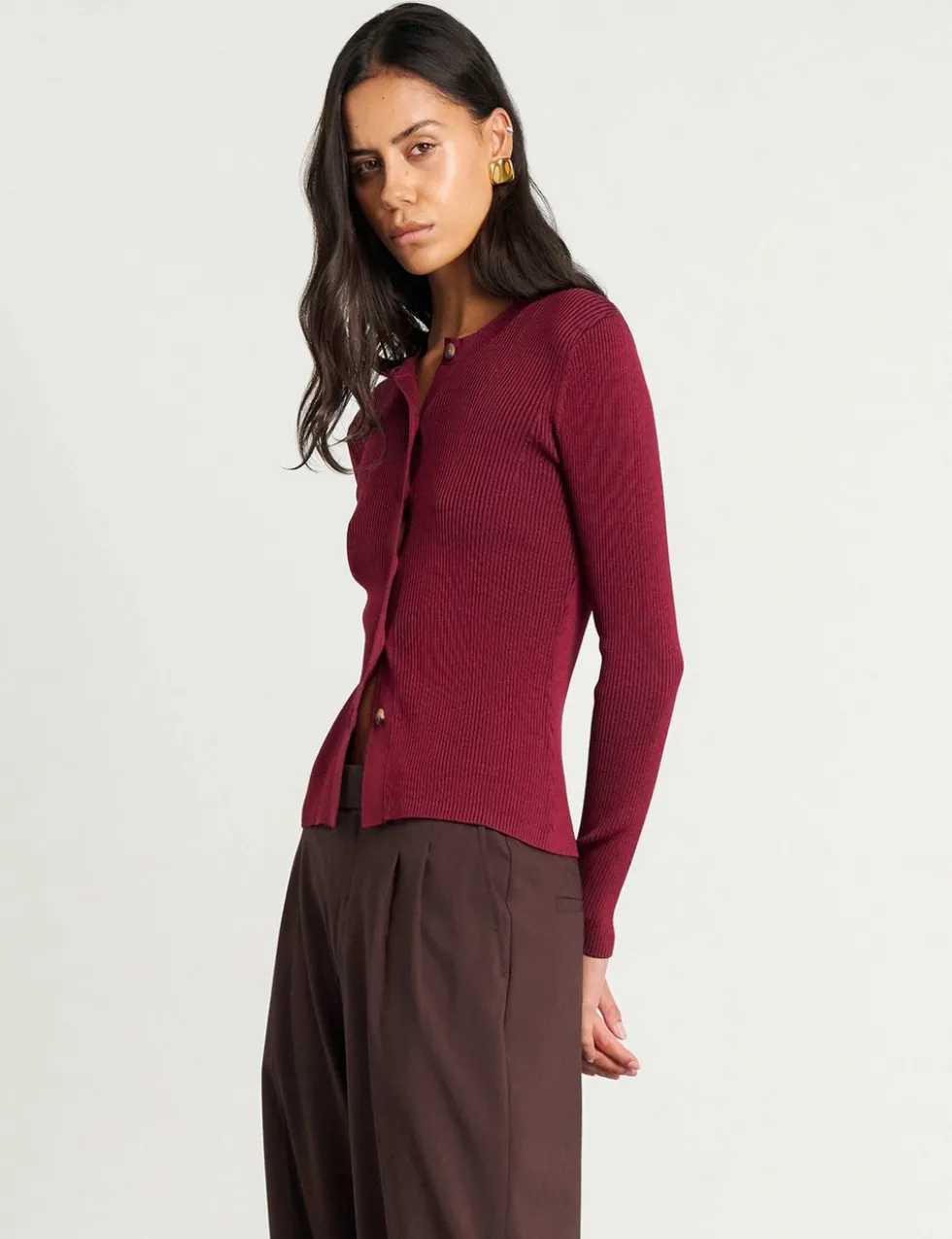 Ribbed Crew Neck Button Front Fitted Cardigan