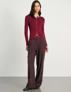 Ribbed Crew Neck Button Front Fitted Cardigan