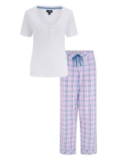 Ribbed Henley T-Shirt & Seersucker Trouser Pyjama Set