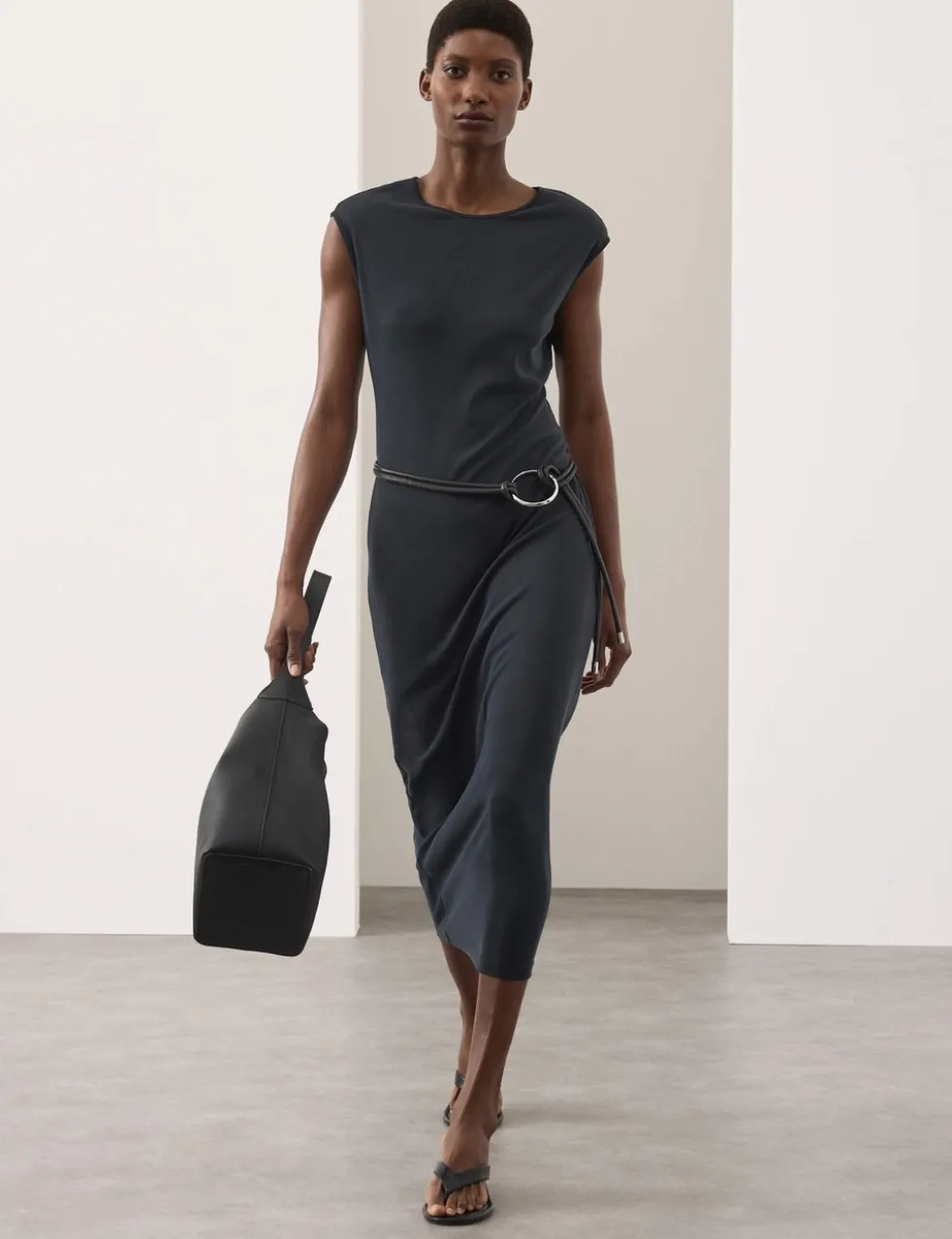 Ribbed Jersey Shoulder Pad Midaxi Dress