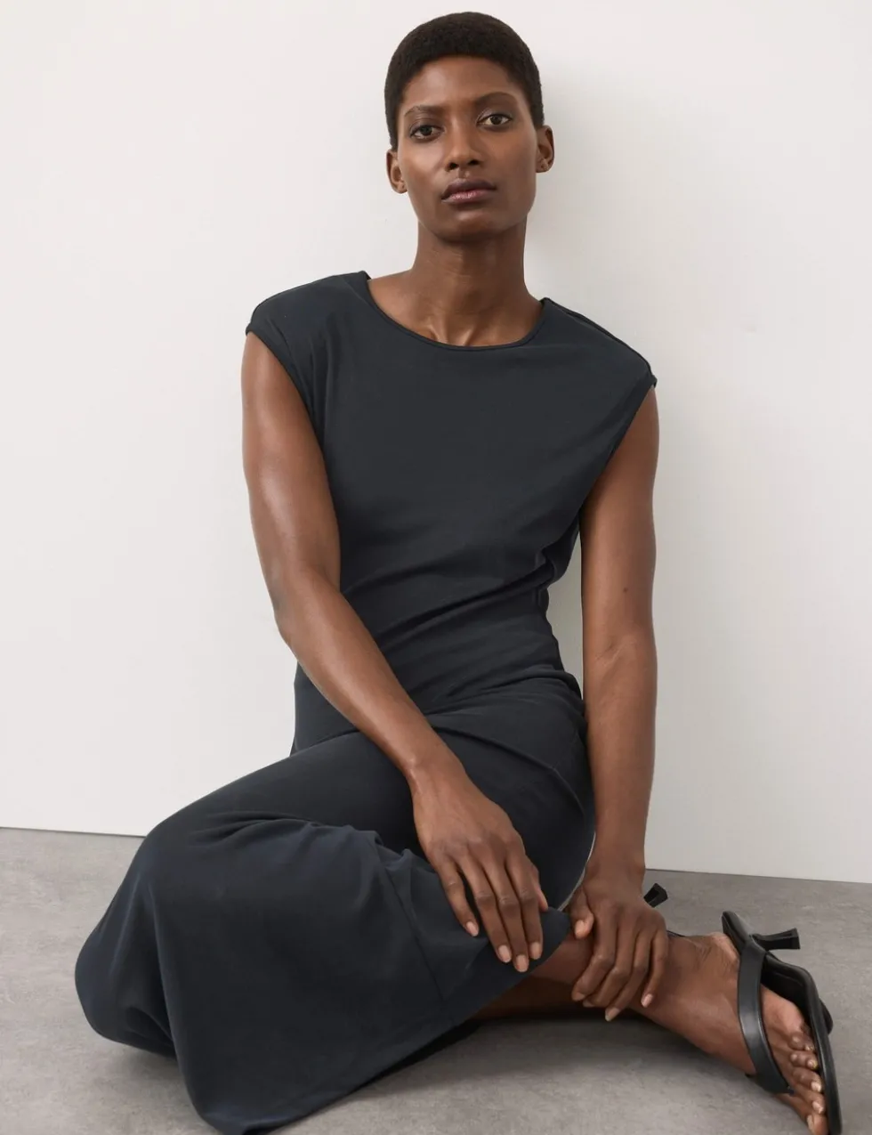 Ribbed Jersey Shoulder Pad Midaxi Dress