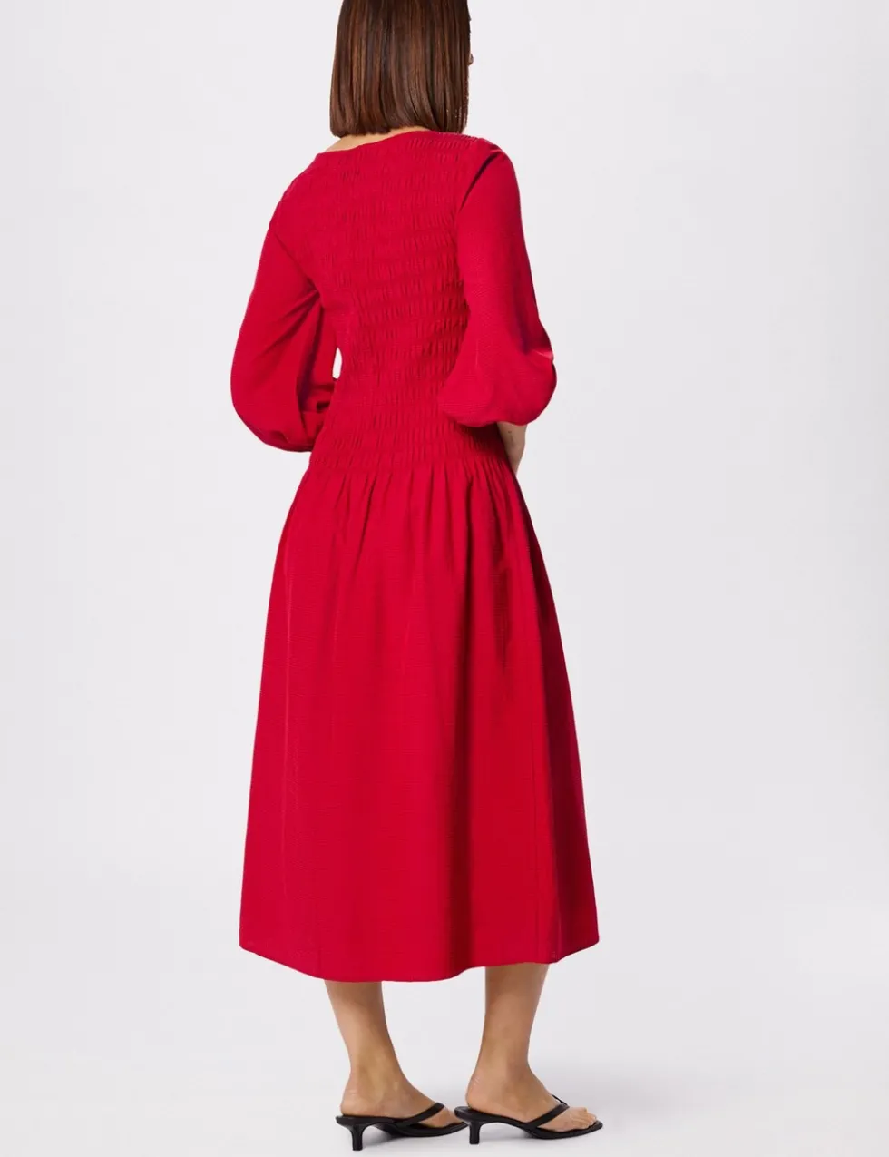 Round Neck Midi Shirred Dress with Cotton