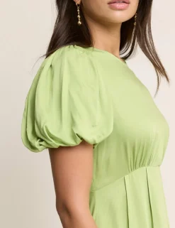 Round Neck Puff Sleeve Midi Waisted Dress