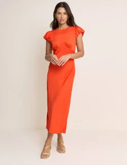 Round Neck Puff Sleeve Midi Waisted Dress